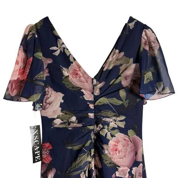 Xscape Surplice Tiered Navy Floral Print Chiffon Flutter Sleeve Evening Gown 4 - Picture 8 of 11
